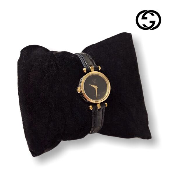 Gucci Vintage Y2K 18k Gold Plated GG Black Face Leather Band Dainty Stack Watch - Picture 1 of 9